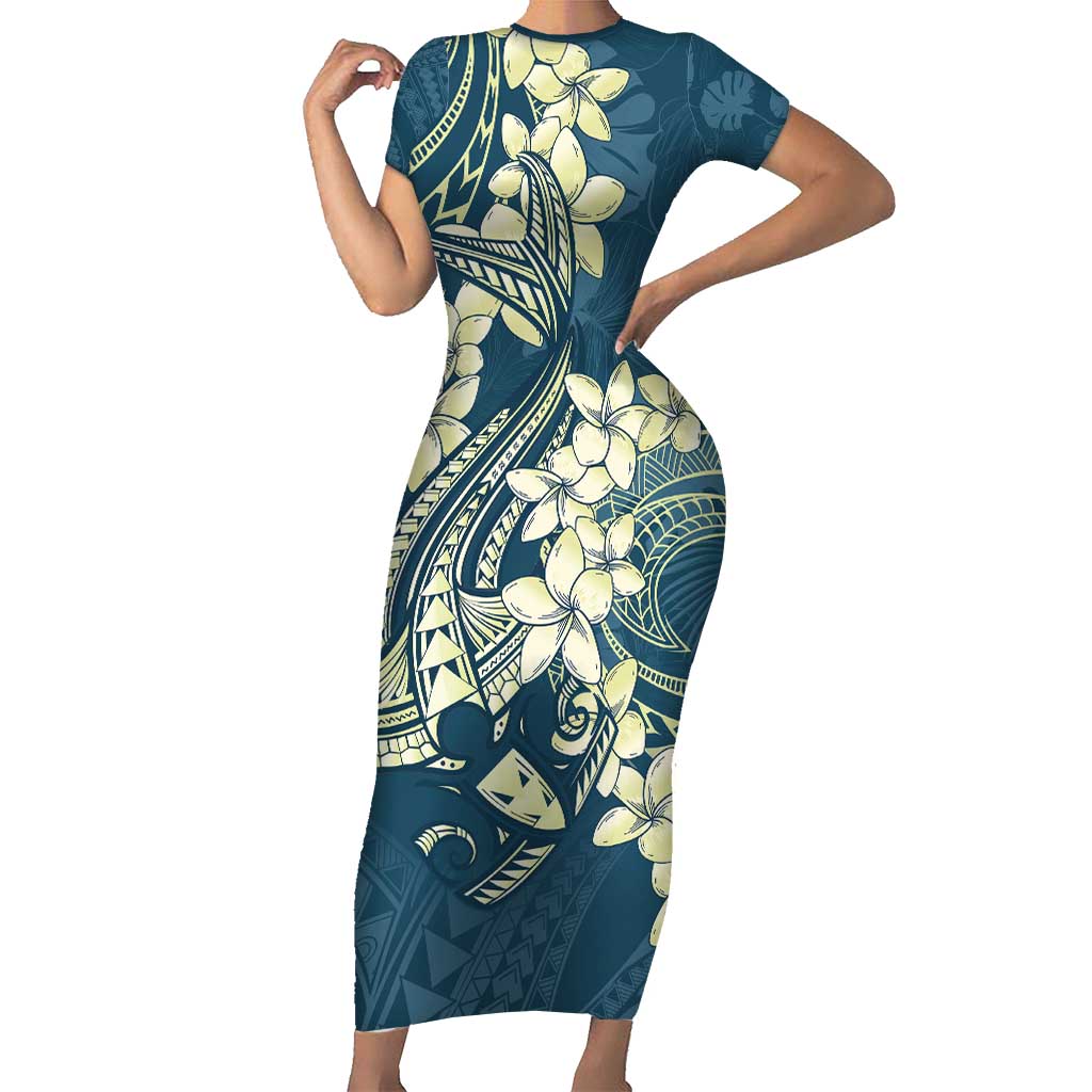 Cyan Polynesia Hammerhead Shark Tattoo With Plumeria Lei Family Matching Short Sleeve Bodycon Dress and Hawaiian Shirt LT14 Mom's Dress Cyan - Polynesian Pride