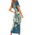 Cyan Polynesia Hammerhead Shark Tattoo With Plumeria Lei Family Matching Short Sleeve Bodycon Dress and Hawaiian Shirt