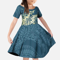 Cyan Polynesia Hammerhead Shark Tattoo With Plumeria Lei Family Matching Summer Maxi Dress and Hawaiian Shirt LT14 Daughter's Dress Cyan - Polynesian Pride