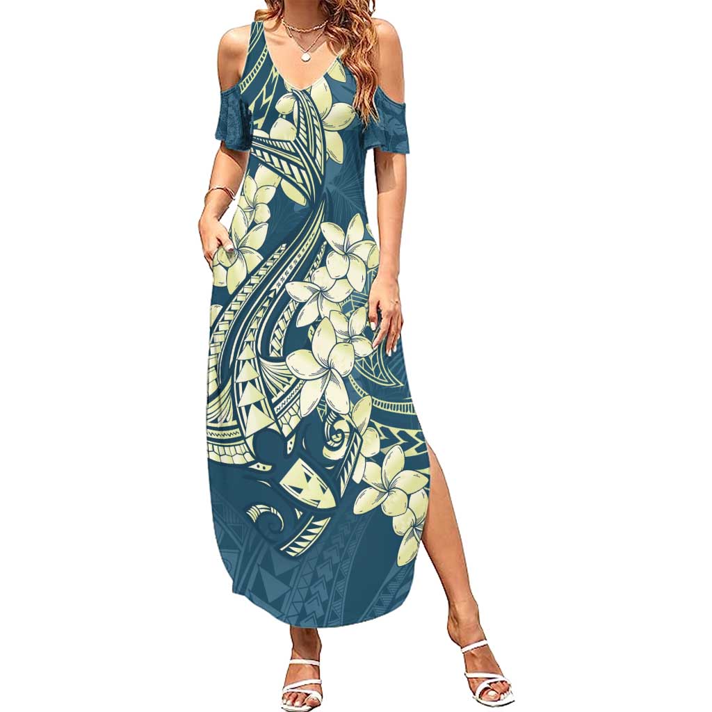 Cyan Polynesia Hammerhead Shark Tattoo With Plumeria Lei Family Matching Summer Maxi Dress and Hawaiian Shirt LT14 Mom's Dress Cyan - Polynesian Pride