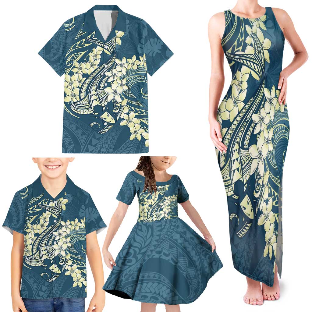 Cyan Polynesia Hammerhead Shark Tattoo With Plumeria Lei Family Matching Tank Maxi Dress and Hawaiian Shirt