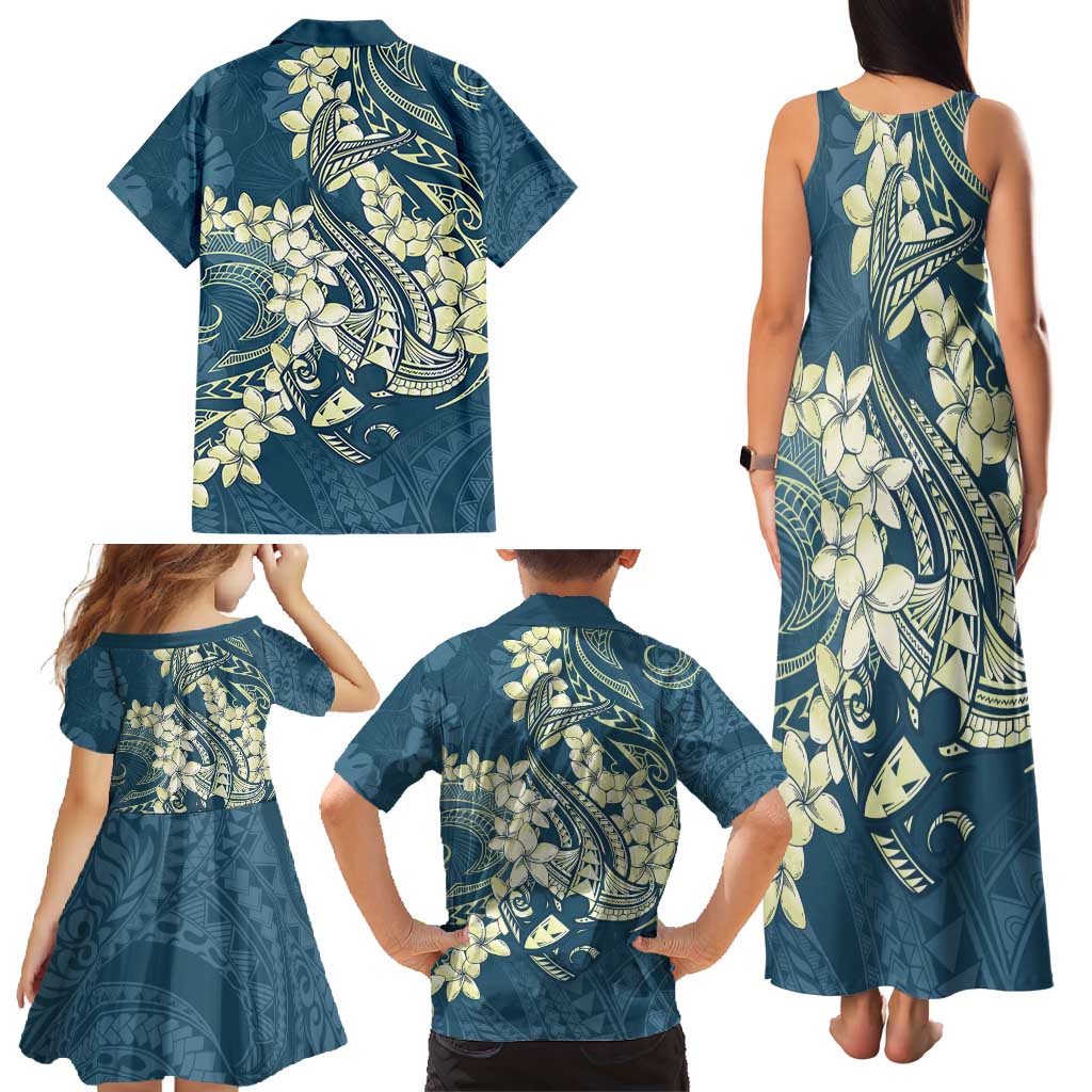 Cyan Polynesia Hammerhead Shark Tattoo With Plumeria Lei Family Matching Tank Maxi Dress and Hawaiian Shirt