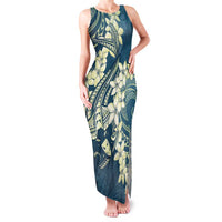 Cyan Polynesia Hammerhead Shark Tattoo With Plumeria Lei Family Matching Tank Maxi Dress and Hawaiian Shirt