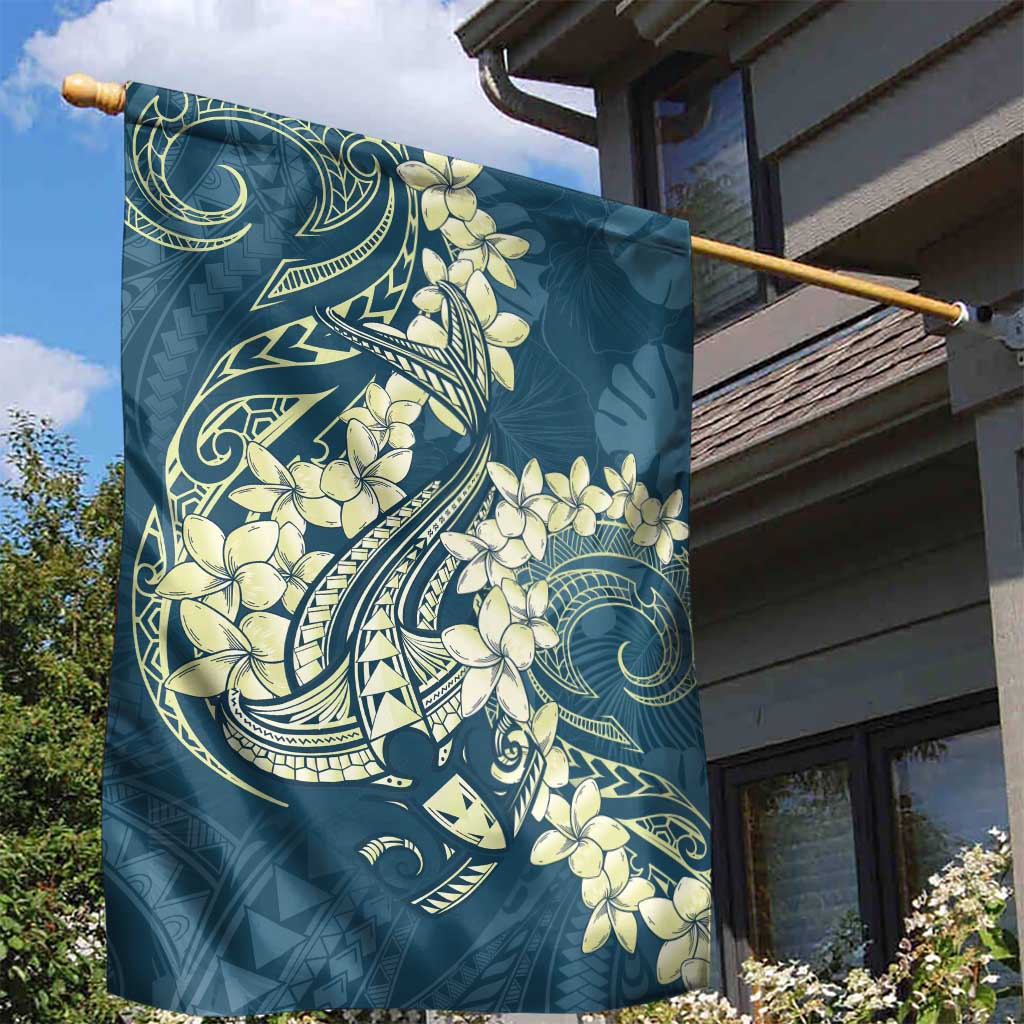 Cyan Polynesia Hammerhead Shark Tattoo With Plumeria Lei Garden Flag