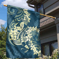 Cyan Polynesia Hammerhead Shark Tattoo With Plumeria Lei Garden Flag