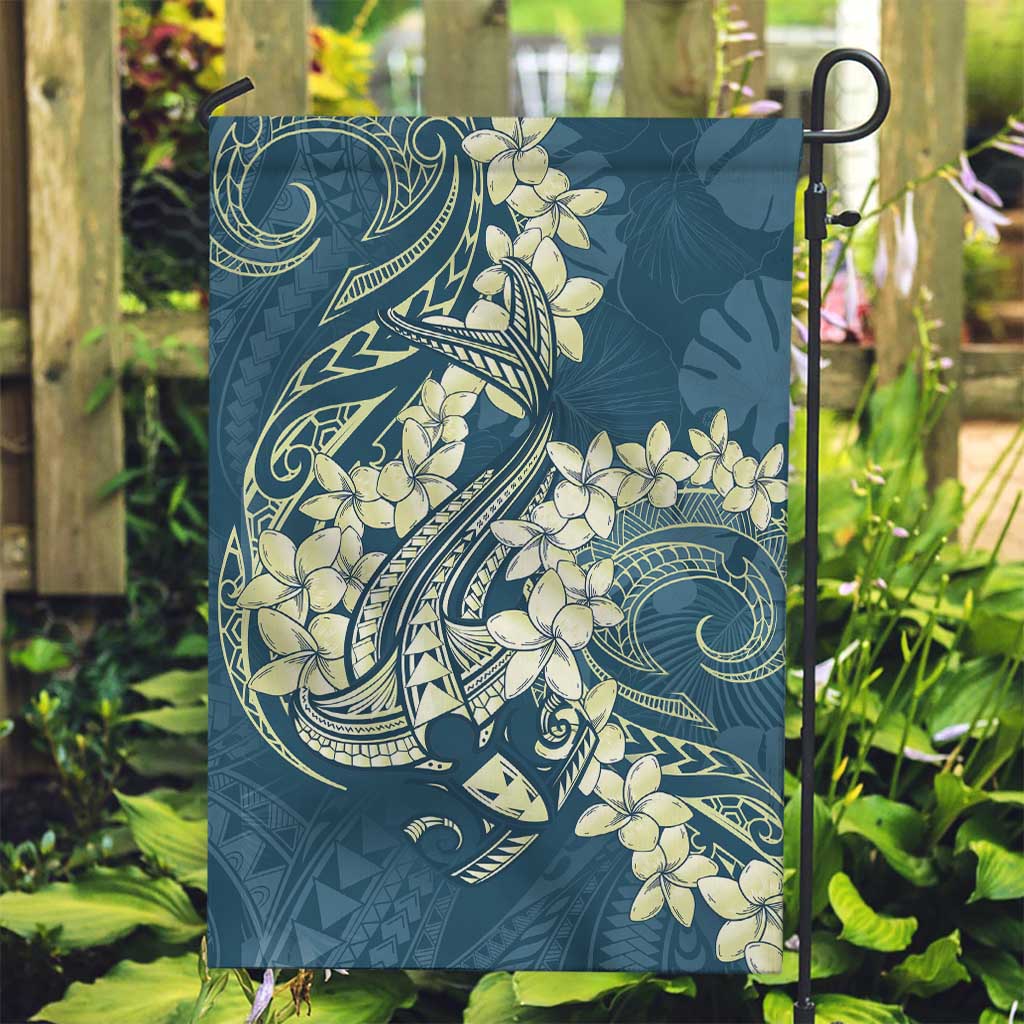 Cyan Polynesia Hammerhead Shark Tattoo With Plumeria Lei Garden Flag