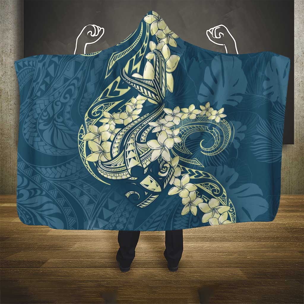 Cyan Polynesia Hammerhead Shark Tattoo With Plumeria Lei Hooded Blanket