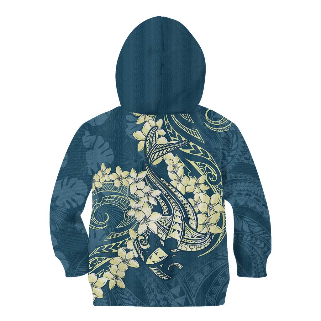 Cyan Polynesia Hammerhead Shark Tattoo With Plumeria Lei Kid Hoodie