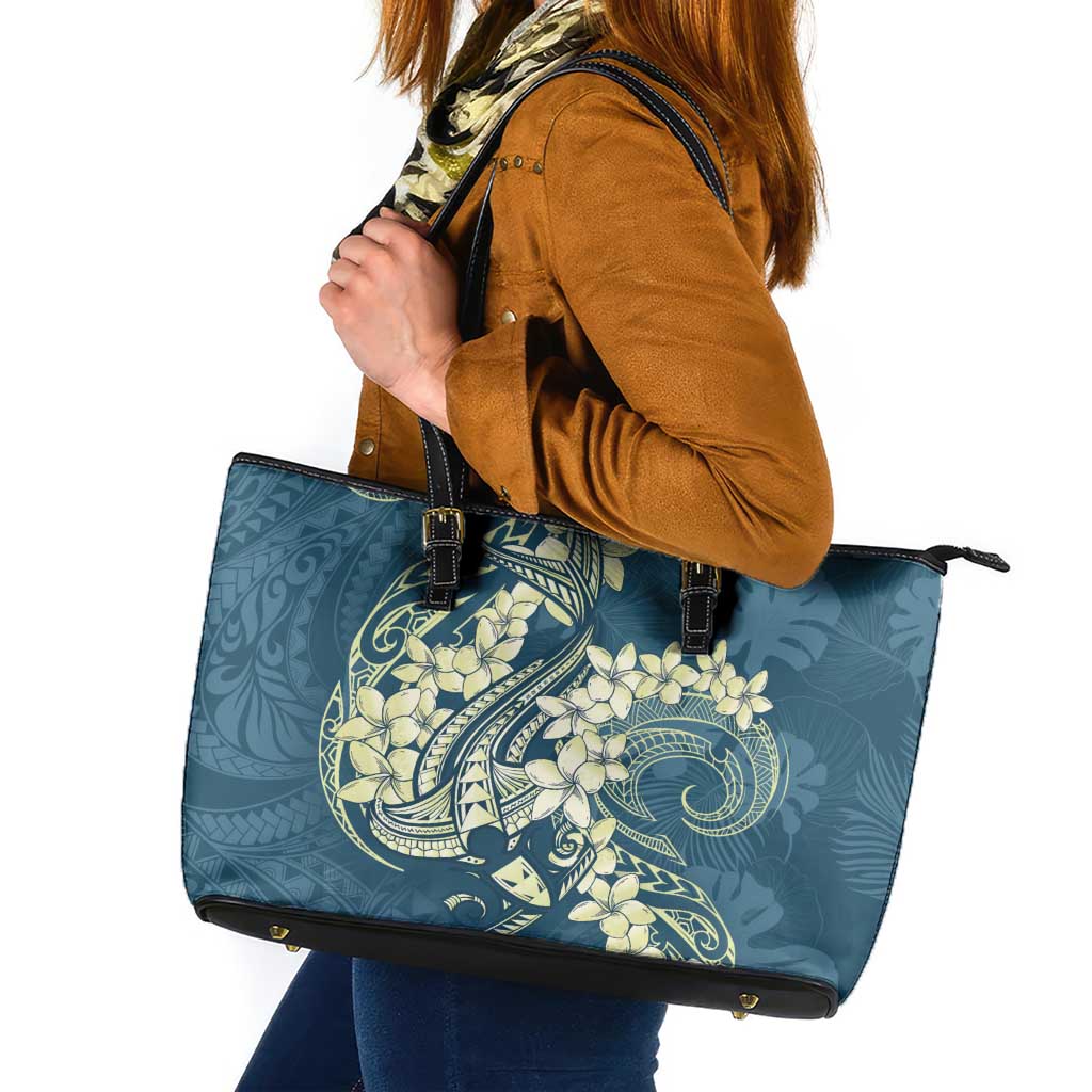 Cyan Polynesia Hammerhead Shark Tattoo With Plumeria Lei Leather Tote Bag