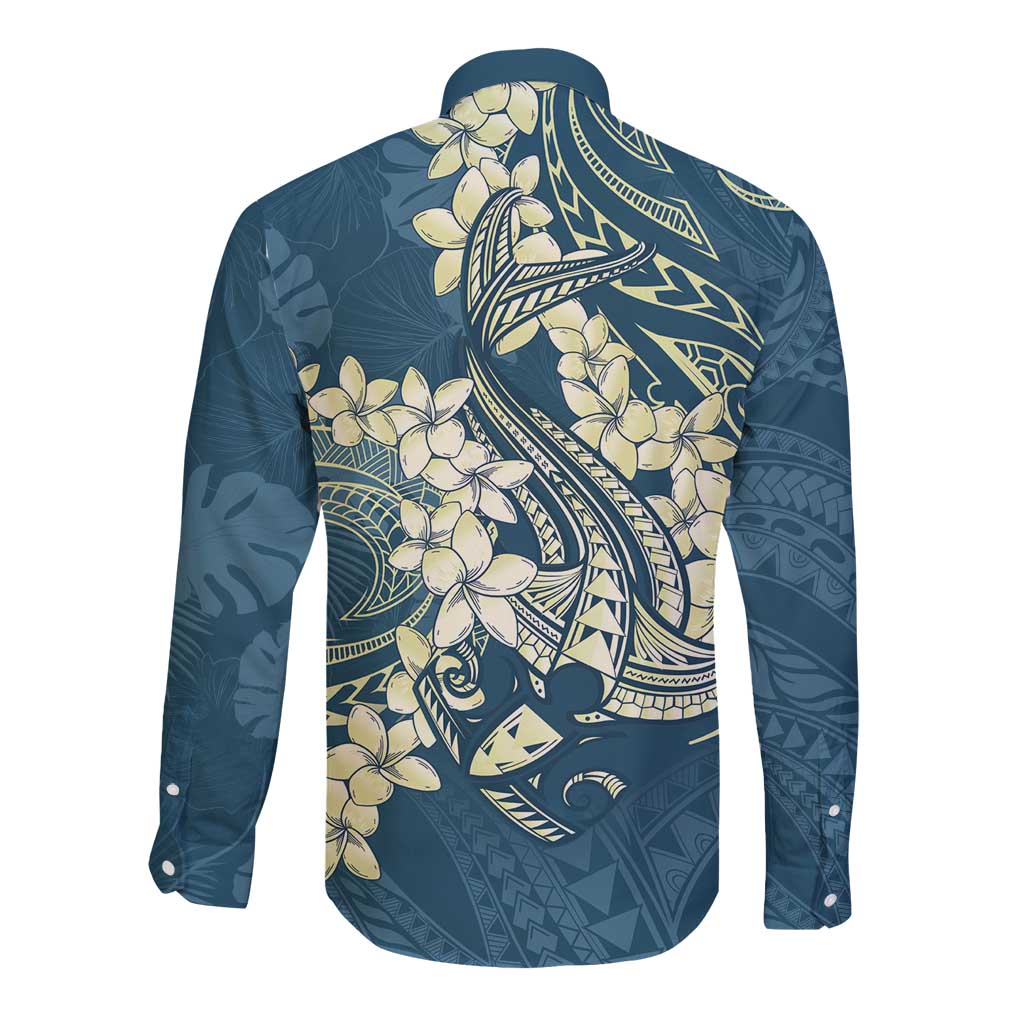 Cyan Polynesia Hammerhead Shark Tattoo With Plumeria Lei Long Sleeve Button Shirt