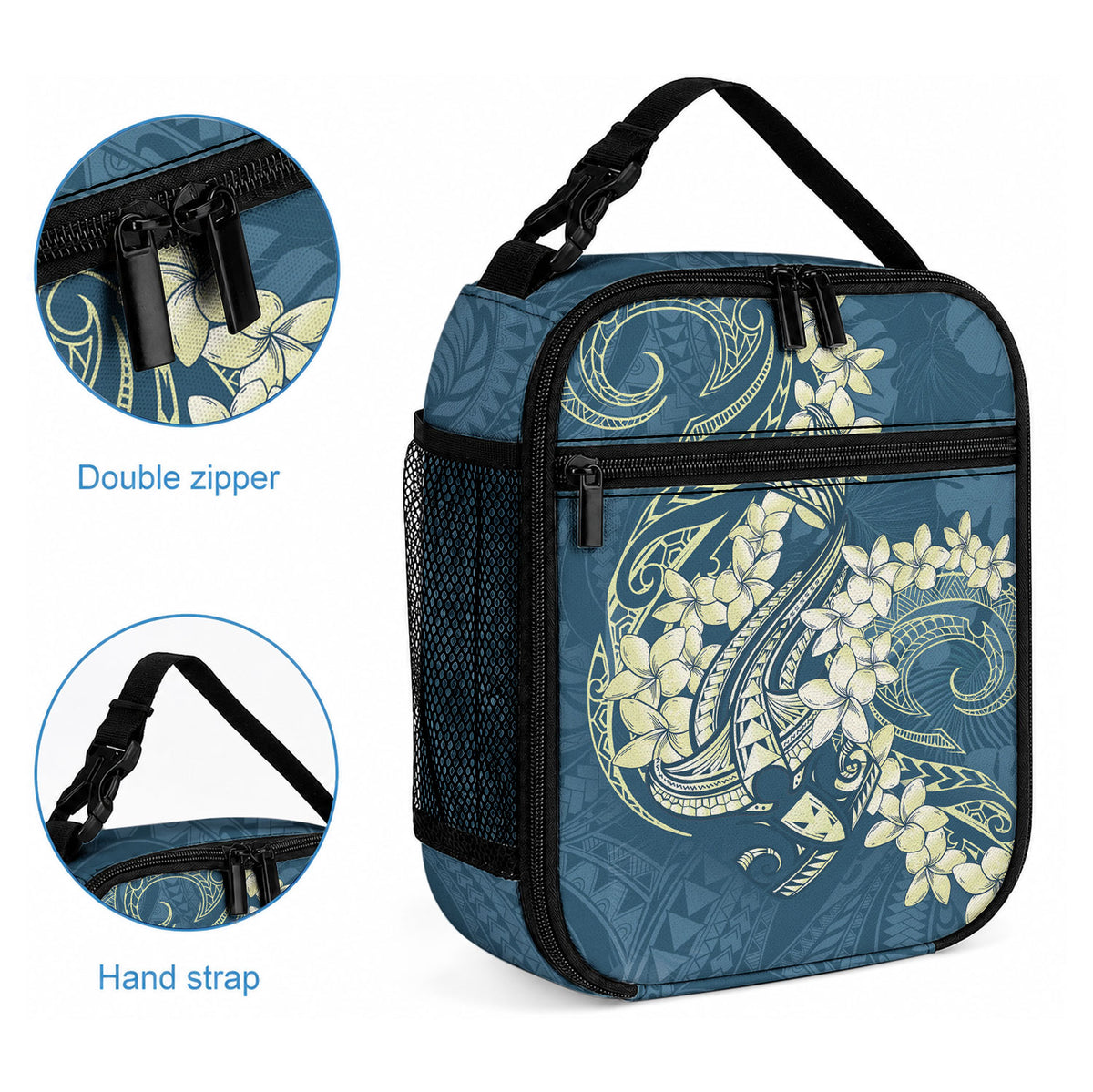 Cyan Polynesia Hammerhead Shark Tattoo With Plumeria Lei Lunch Bag LT14 - Polynesian Pride