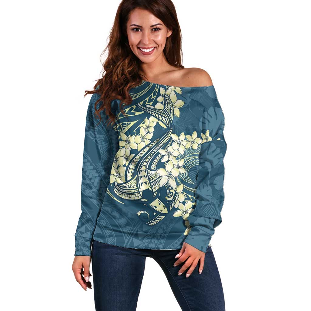 Cyan Polynesia Hammerhead Shark Tattoo With Plumeria Lei Off Shoulder Sweater