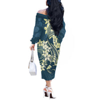 Cyan Polynesia Hammerhead Shark Tattoo With Plumeria Lei Off The Shoulder Long Sleeve Dress