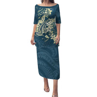 Cyan Polynesia Hammerhead Shark Tattoo With Plumeria Lei Puletasi