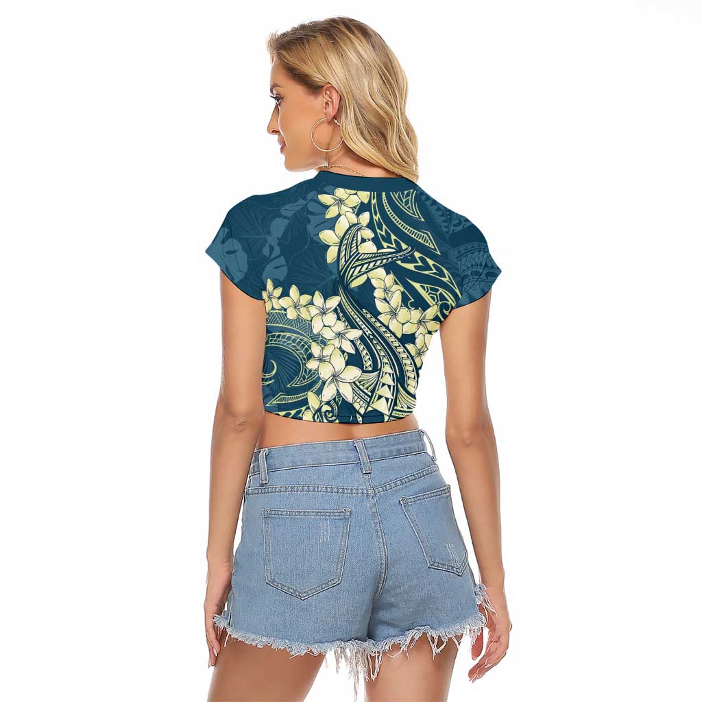 Cyan Polynesia Hammerhead Shark Tattoo With Plumeria Lei Raglan Cropped T Shirt LT14 - Polynesian Pride
