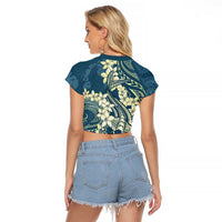 Cyan Polynesia Hammerhead Shark Tattoo With Plumeria Lei Raglan Cropped T Shirt LT14 - Polynesian Pride