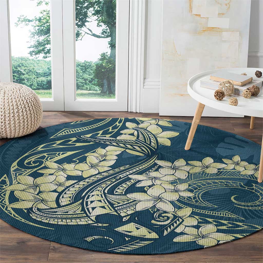 Cyan Polynesia Hammerhead Shark Tattoo With Plumeria Lei Round Carpet