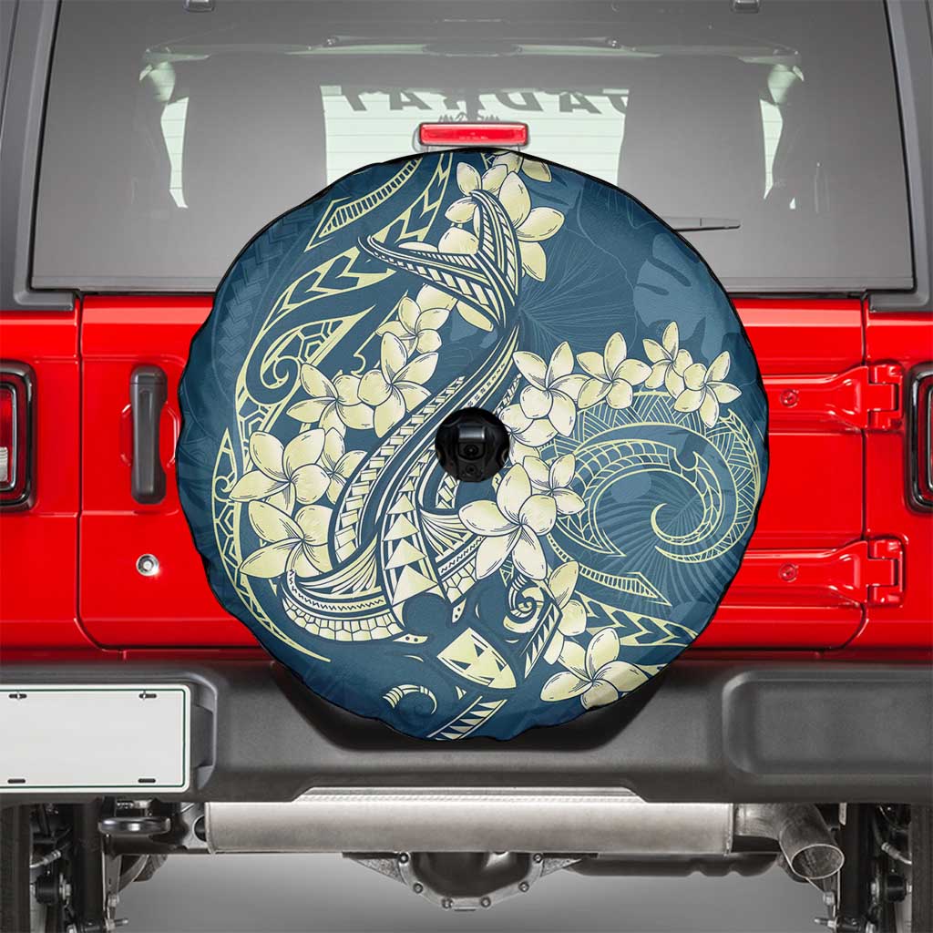 Cyan Polynesia Hammerhead Shark Tattoo With Plumeria Lei Spare Tire Cover