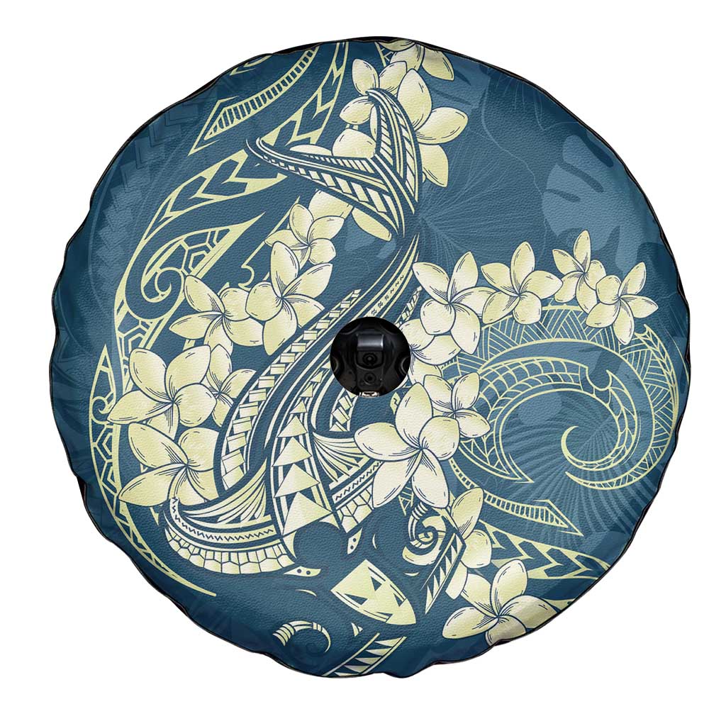 Cyan Polynesia Hammerhead Shark Tattoo With Plumeria Lei Spare Tire Cover