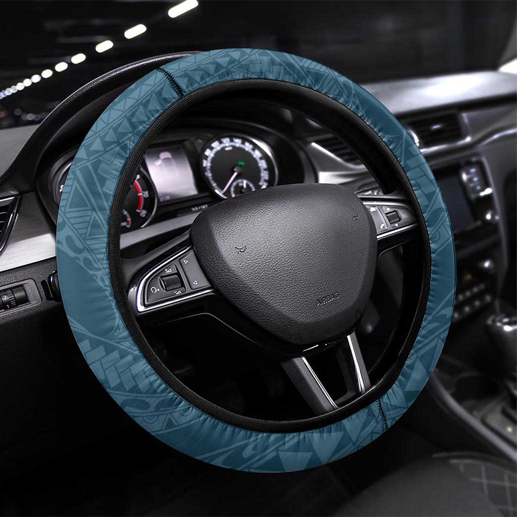 Cyan Polynesia Hammerhead Shark Tattoo With Plumeria Lei Steering Wheel Cover