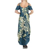 Cyan Polynesia Hammerhead Shark Tattoo With Plumeria Lei Summer Maxi Dress