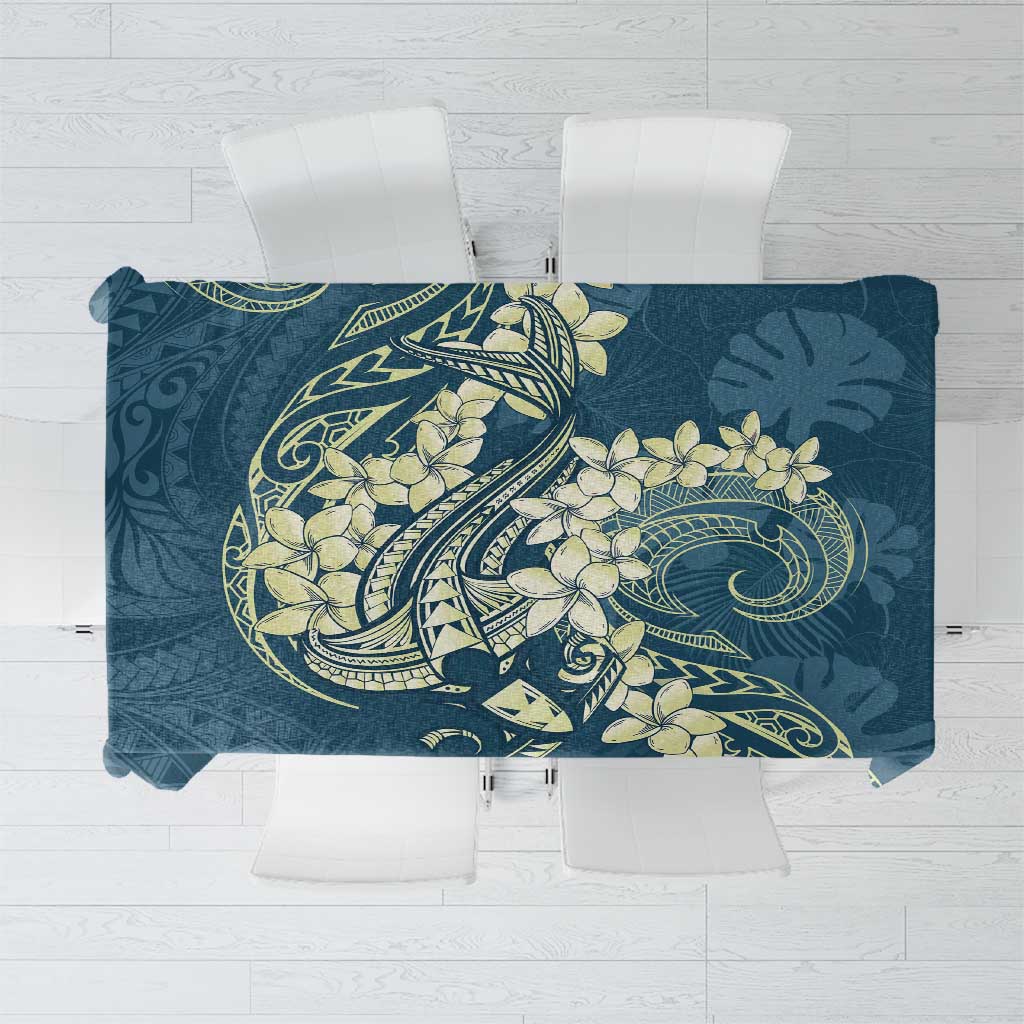 Cyan Polynesia Hammerhead Shark Tattoo With Plumeria Lei Tablecloth