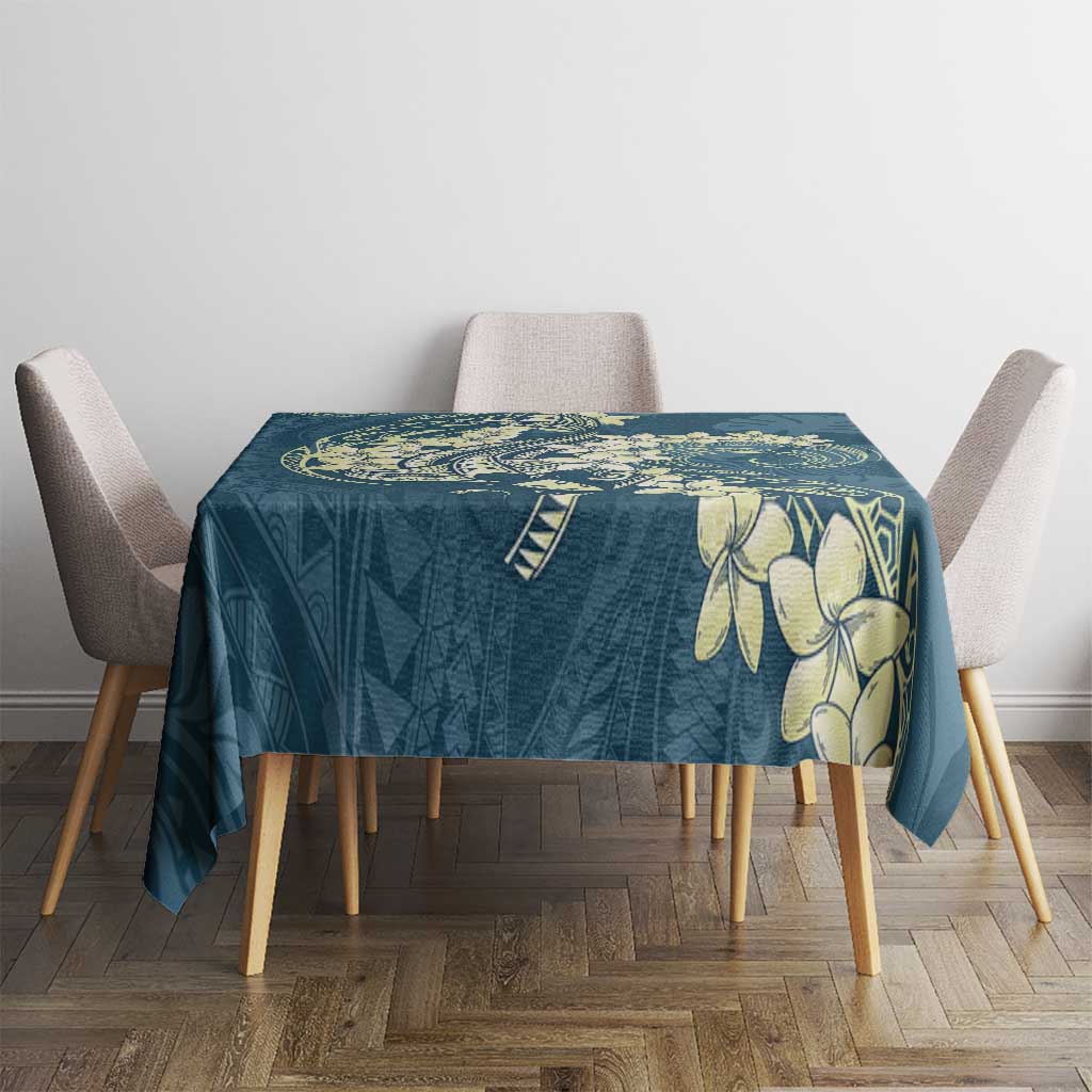 Cyan Polynesia Hammerhead Shark Tattoo With Plumeria Lei Tablecloth