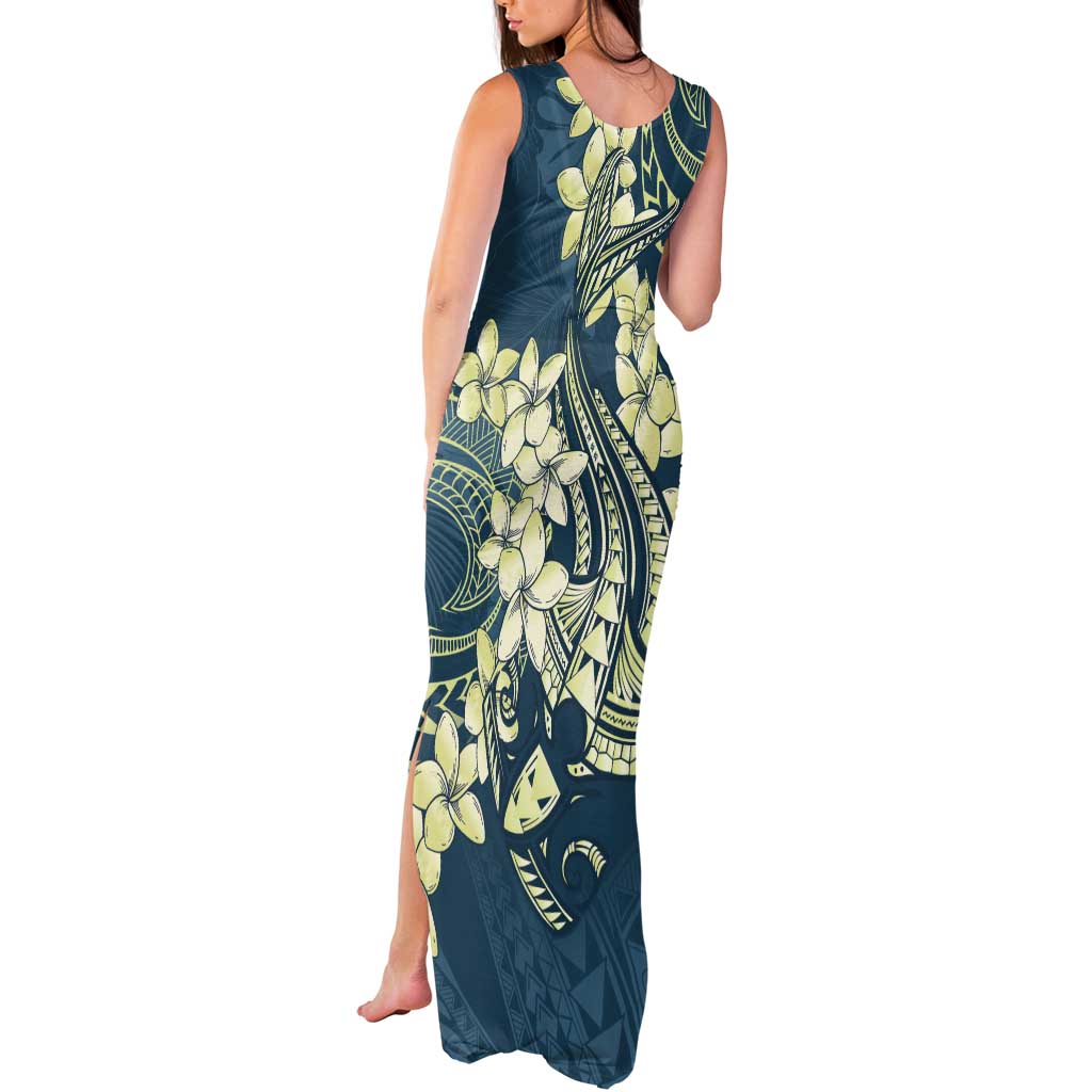 Cyan Polynesia Hammerhead Shark Tattoo With Plumeria Lei Tank Maxi Dress