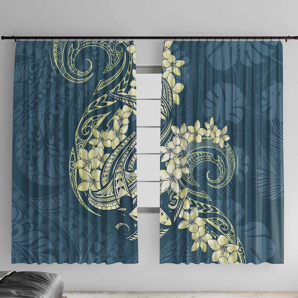 Cyan Polynesia Hammerhead Shark Tattoo With Plumeria Lei Window Curtain