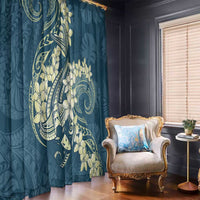 Cyan Polynesia Hammerhead Shark Tattoo With Plumeria Lei Window Curtain