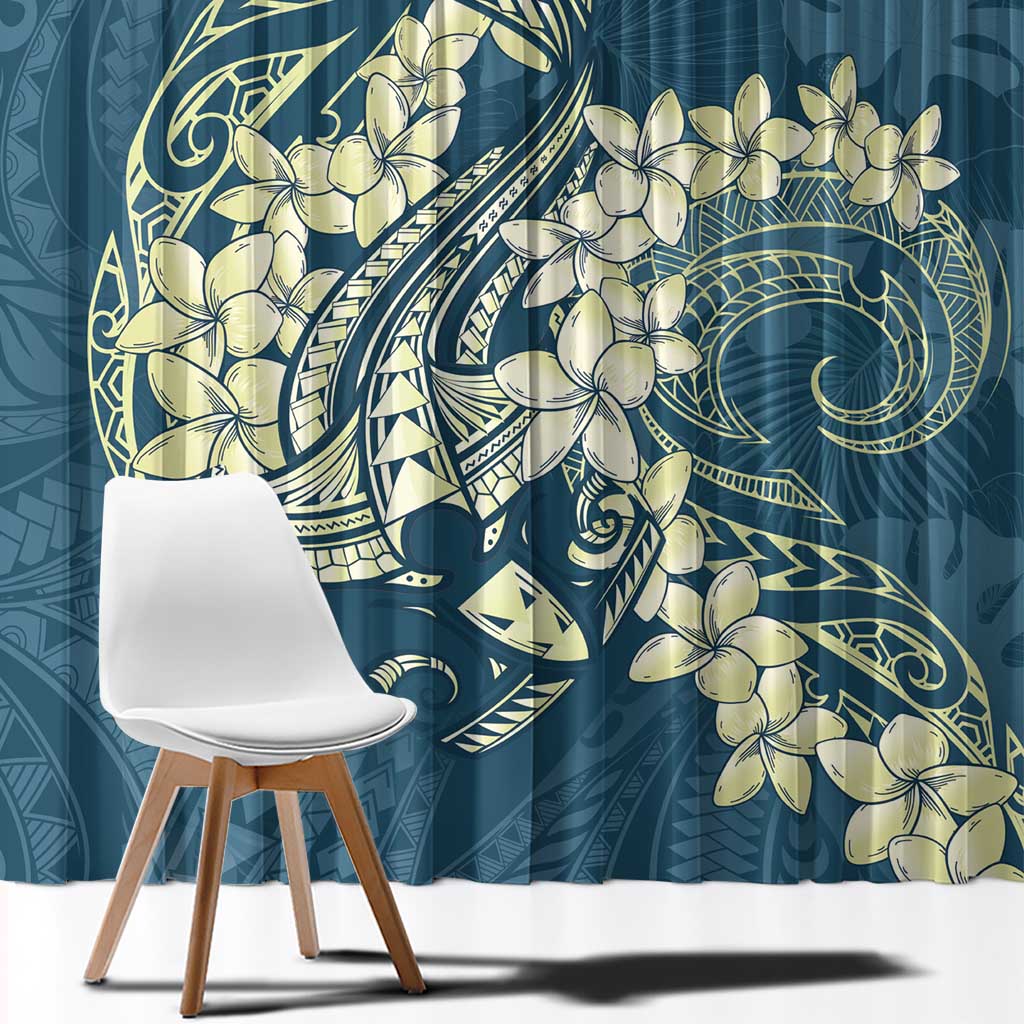 Cyan Polynesia Hammerhead Shark Tattoo With Plumeria Lei Window Curtain