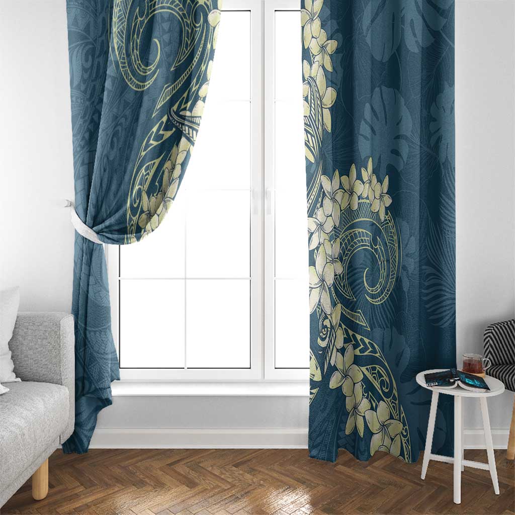 Cyan Polynesia Hammerhead Shark Tattoo With Plumeria Lei Window Curtain