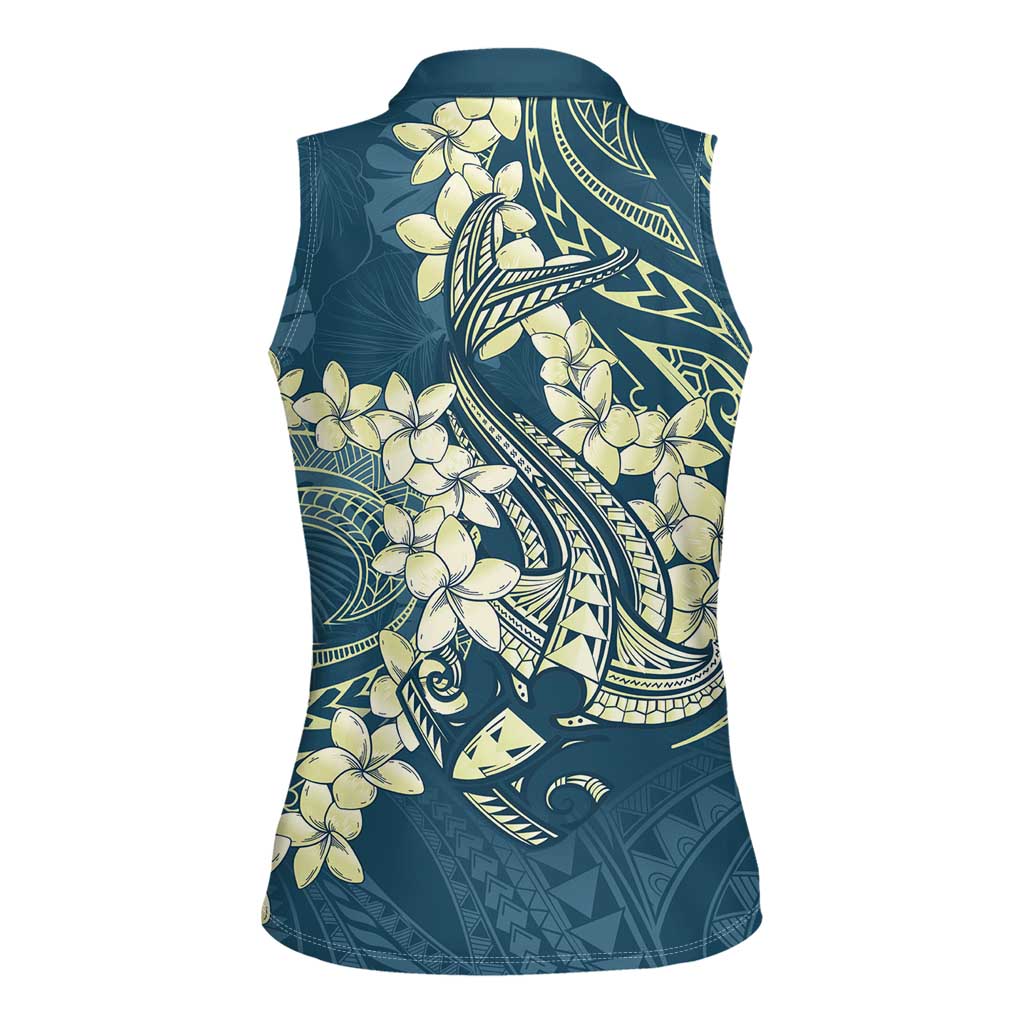 Cyan Polynesia Hammerhead Shark Tattoo With Plumeria Lei Women Sleeveless Polo Shirt