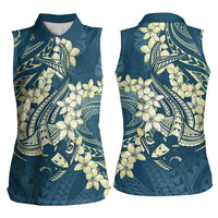 Cyan Polynesia Hammerhead Shark Tattoo With Plumeria Lei Women Sleeveless Polo Shirt