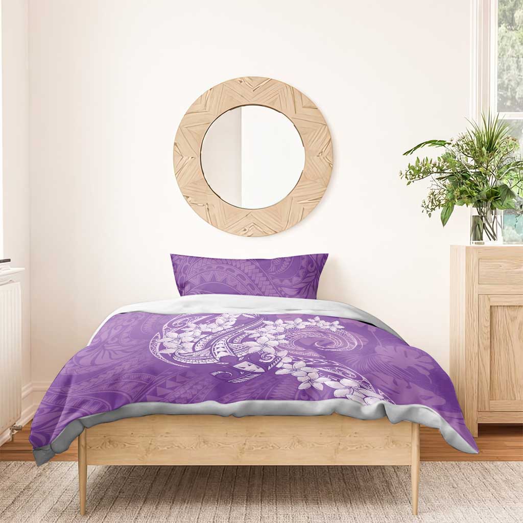 Purple Polynesia Hammerhead Shark Tattoo With Plumeria Lei Bedding Set
