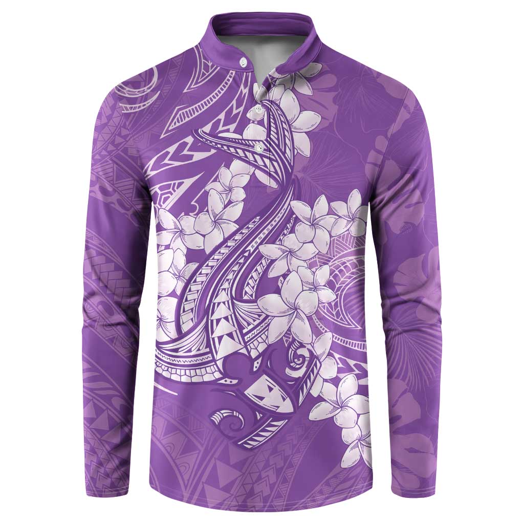 Purple Polynesia Hammerhead Shark Tattoo With Plumeria Lei Button Sweatshirt