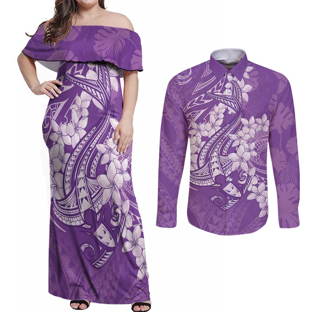 Purple Polynesia Hammerhead Shark Tattoo With Plumeria Lei Couples Matching Off Shoulder Maxi Dress and Long Sleeve Button Shirt