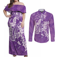 Purple Polynesia Hammerhead Shark Tattoo With Plumeria Lei Couples Matching Off Shoulder Maxi Dress and Long Sleeve Button Shirt