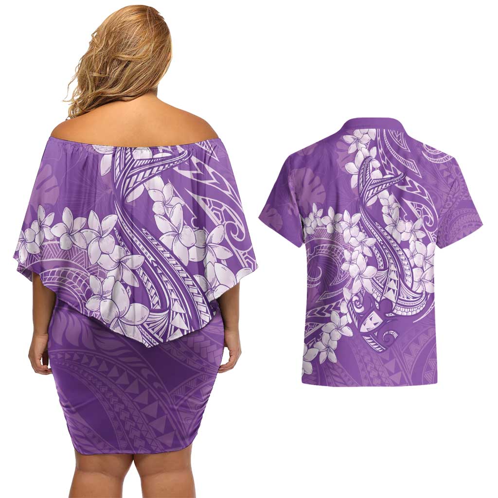 Purple Polynesia Hammerhead Shark Tattoo With Plumeria Lei Couples Matching Off Shoulder Short Dress and Hawaiian Shirt
