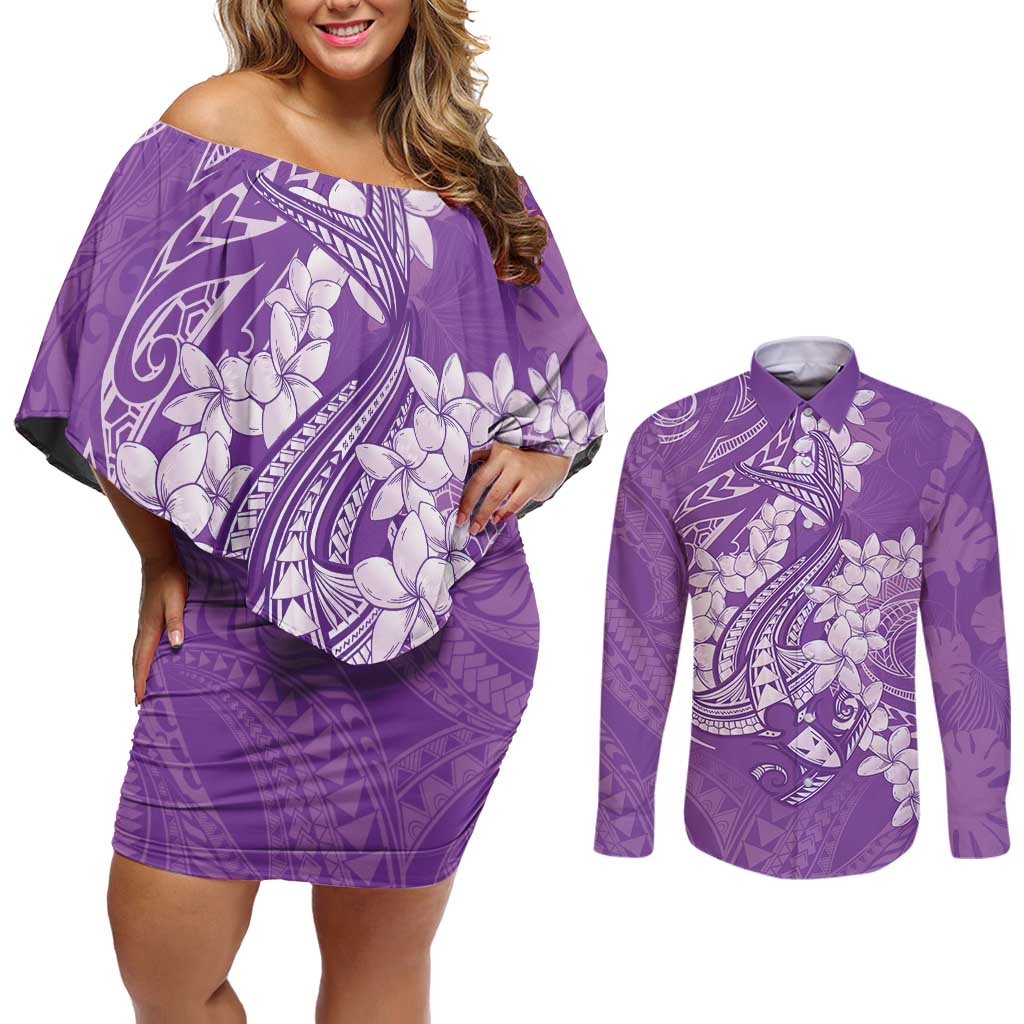 Purple Polynesia Hammerhead Shark Tattoo With Plumeria Lei Couples Matching Off Shoulder Short Dress and Long Sleeve Button Shirt