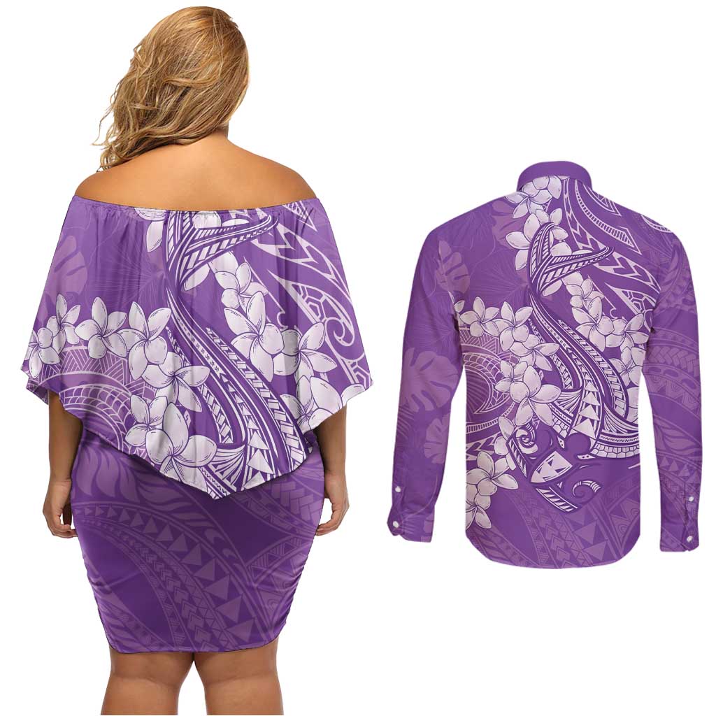Purple Polynesia Hammerhead Shark Tattoo With Plumeria Lei Couples Matching Off Shoulder Short Dress and Long Sleeve Button Shirt