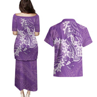 Purple Polynesia Hammerhead Shark Tattoo With Plumeria Lei Couples Matching Puletasi and Hawaiian Shirt