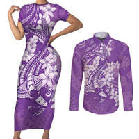 Purple Polynesia Hammerhead Shark Tattoo With Plumeria Lei Couples Matching Short Sleeve Bodycon Dress and Long Sleeve Button Shirt