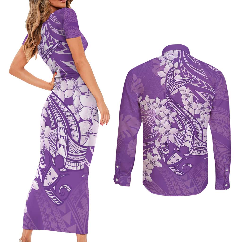 Purple Polynesia Hammerhead Shark Tattoo With Plumeria Lei Couples Matching Short Sleeve Bodycon Dress and Long Sleeve Button Shirt