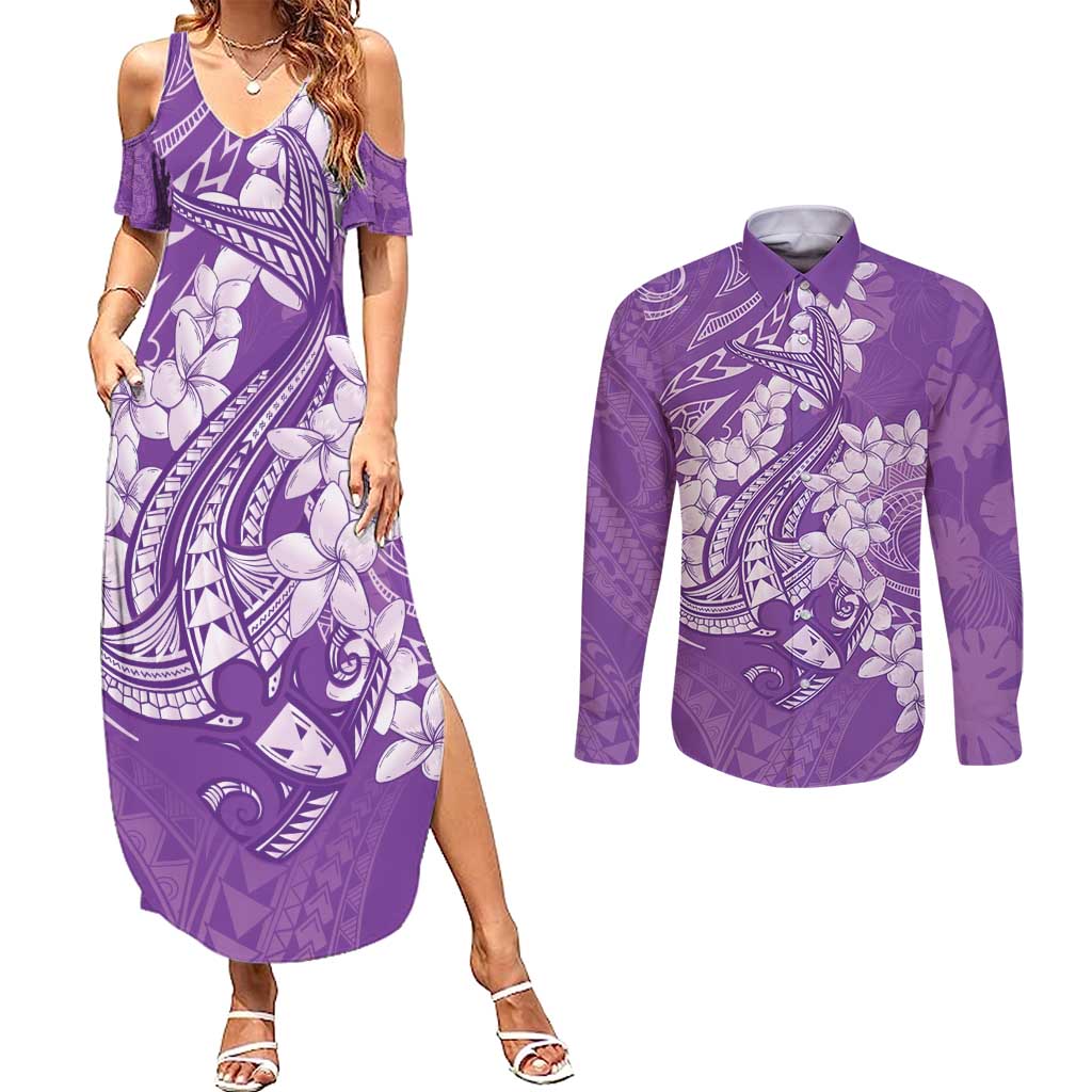 Purple Polynesia Hammerhead Shark Tattoo With Plumeria Lei Couples Matching Summer Maxi Dress and Long Sleeve Button Shirt