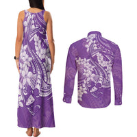 Purple Polynesia Hammerhead Shark Tattoo With Plumeria Lei Couples Matching Tank Maxi Dress and Long Sleeve Button Shirt
