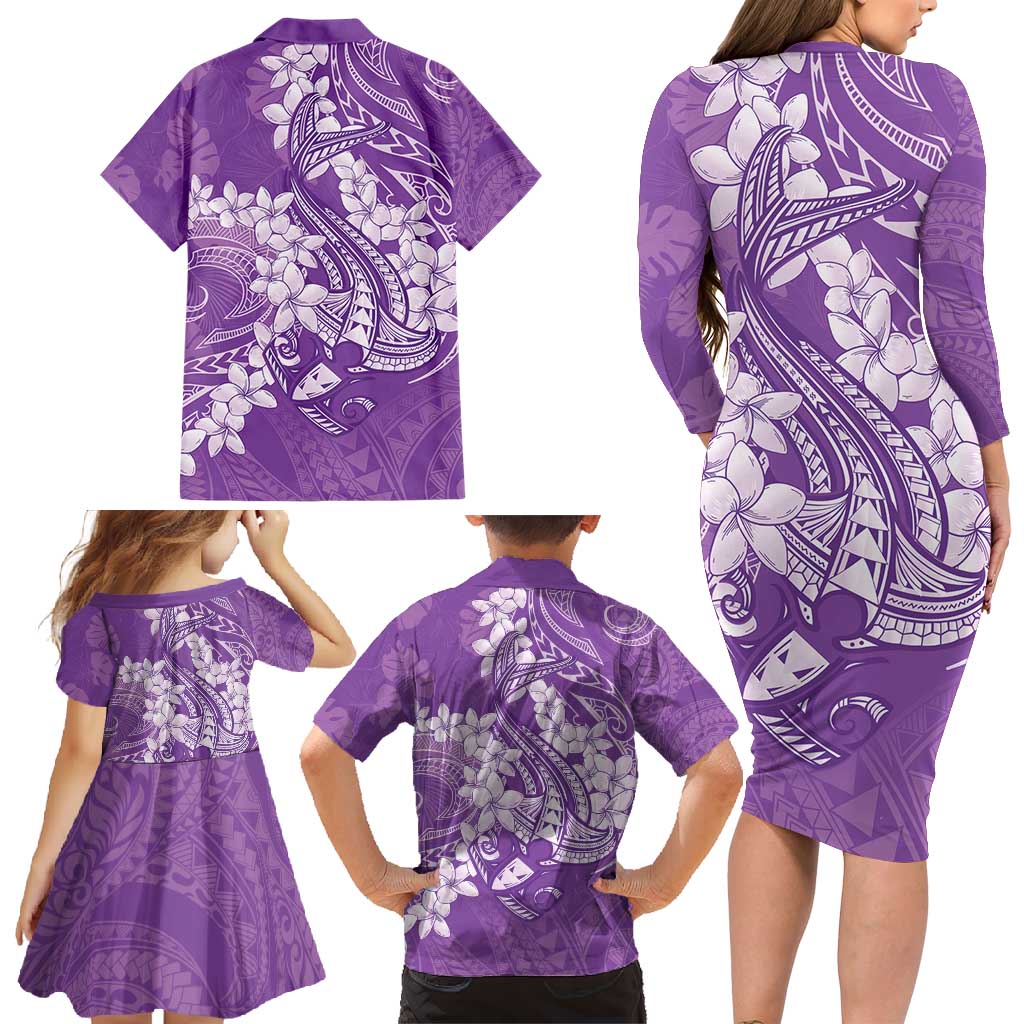 Purple Polynesia Hammerhead Shark Tattoo With Plumeria Lei Family Matching Long Sleeve Bodycon Dress and Hawaiian Shirt