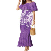 Purple Polynesia Hammerhead Shark Tattoo With Plumeria Lei Family Matching Mermaid Dress and Hawaiian Shirt