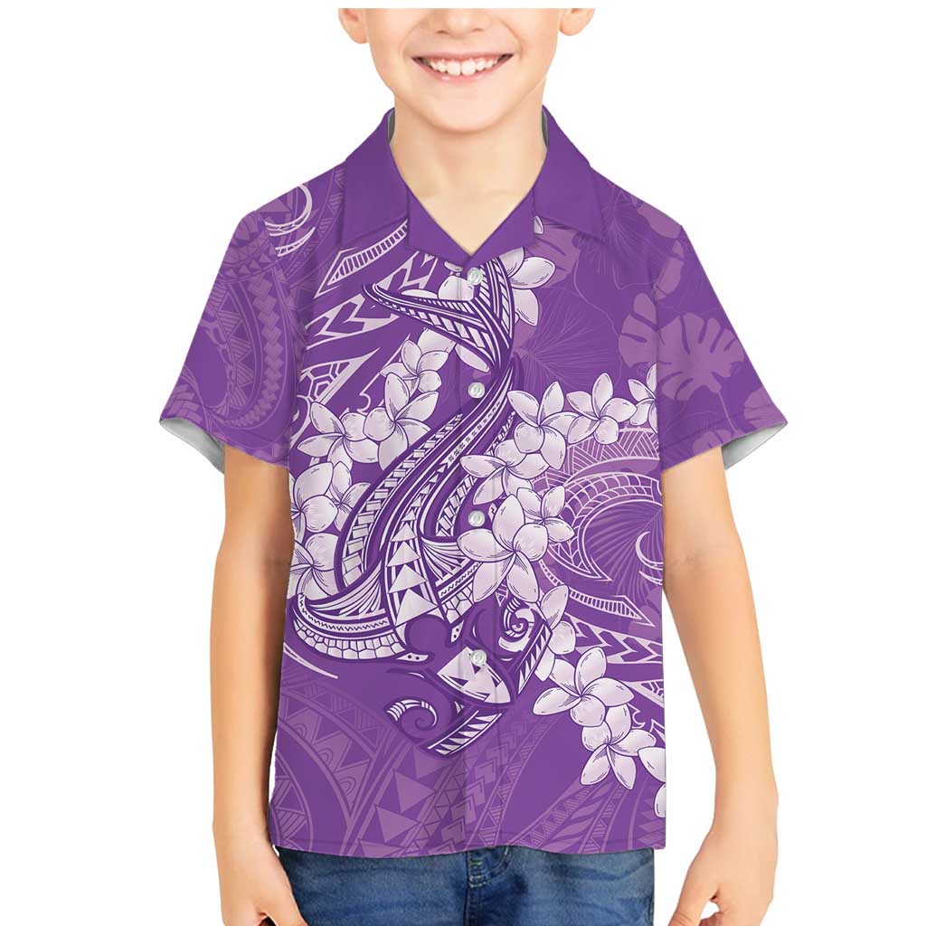Purple Polynesia Hammerhead Shark Tattoo With Plumeria Lei Family Matching Mermaid Dress and Hawaiian Shirt