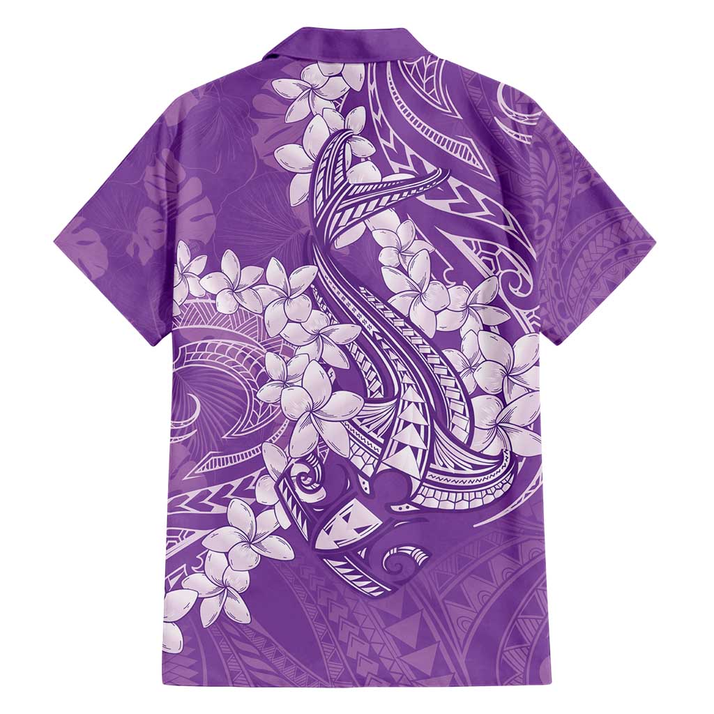Purple Polynesia Hammerhead Shark Tattoo With Plumeria Lei Family Matching Off Shoulder Short Dress and Hawaiian Shirt
